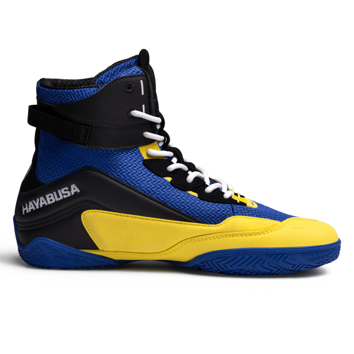 Detail of the high traction rubber sole of the blue yellow Hayabusa Talon shoes