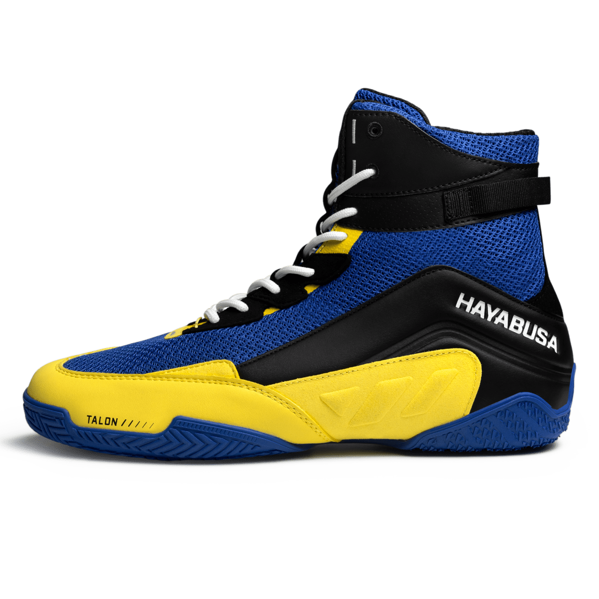 Detail of the microfiber leather and mesh materials of the blue yellow Hayabusa Talon shoes