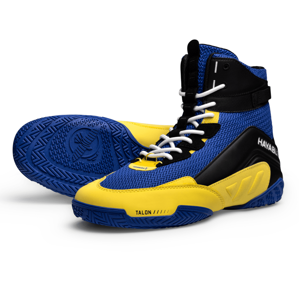 Blue and yellow Hayabusa Talon boxing shoes seen from the front in close-up