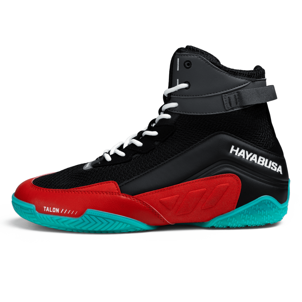 Detail of the microfiber leather and mesh materials of the black red Hayabusa Talon shoes