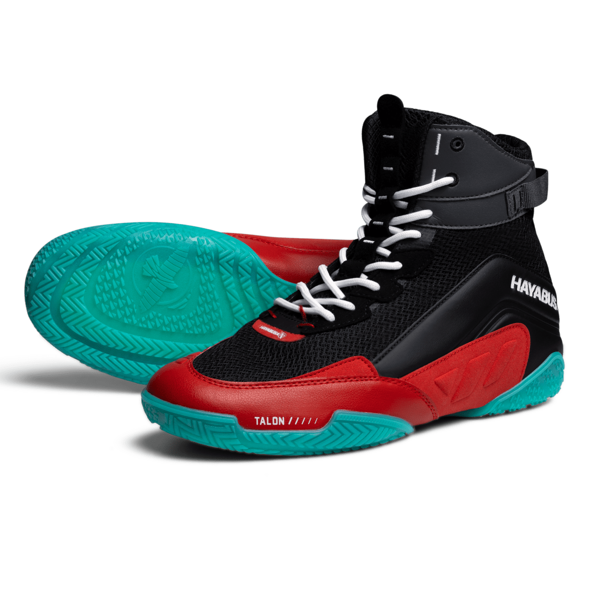 Black and red Hayabusa Talon boxing shoes seen from the front in close-up