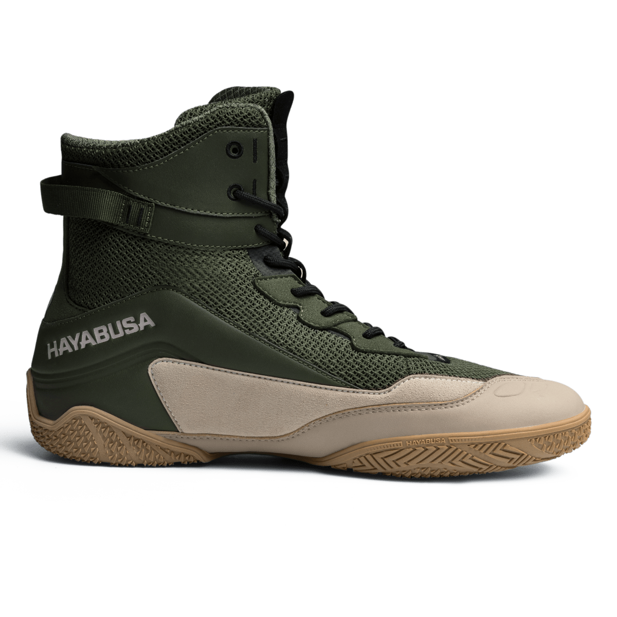 Detail of the high traction rubber sole of the green brown Hayabusa Talon shoes