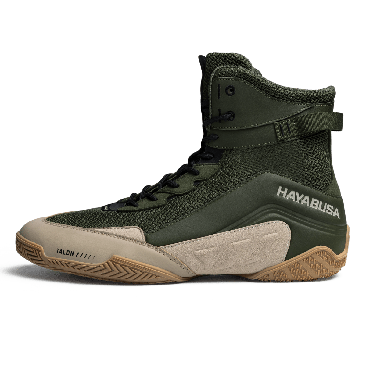 Detail of the microfiber leather and mesh materials of the green brown Hayabusa Talon shoes