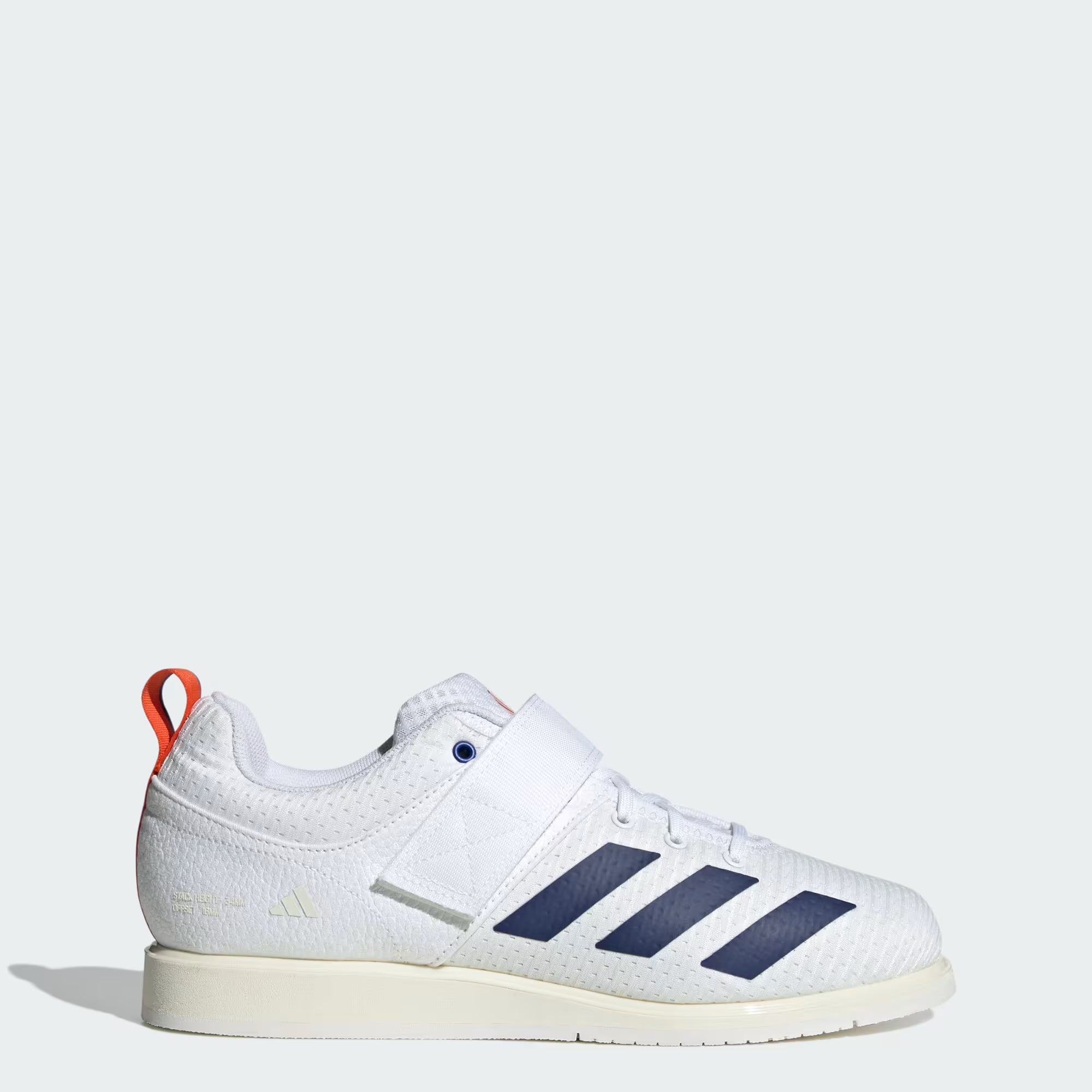 Vista singola laterale scarpa Powerlift 5 bianca e blu, design tecnico bicolore