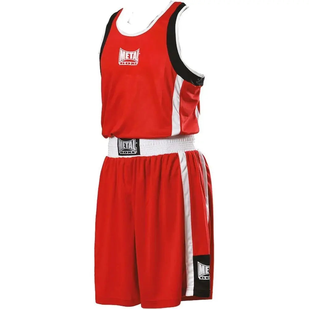 Vista frontale set boxe bambini Metal Boxe rosso canotta e short