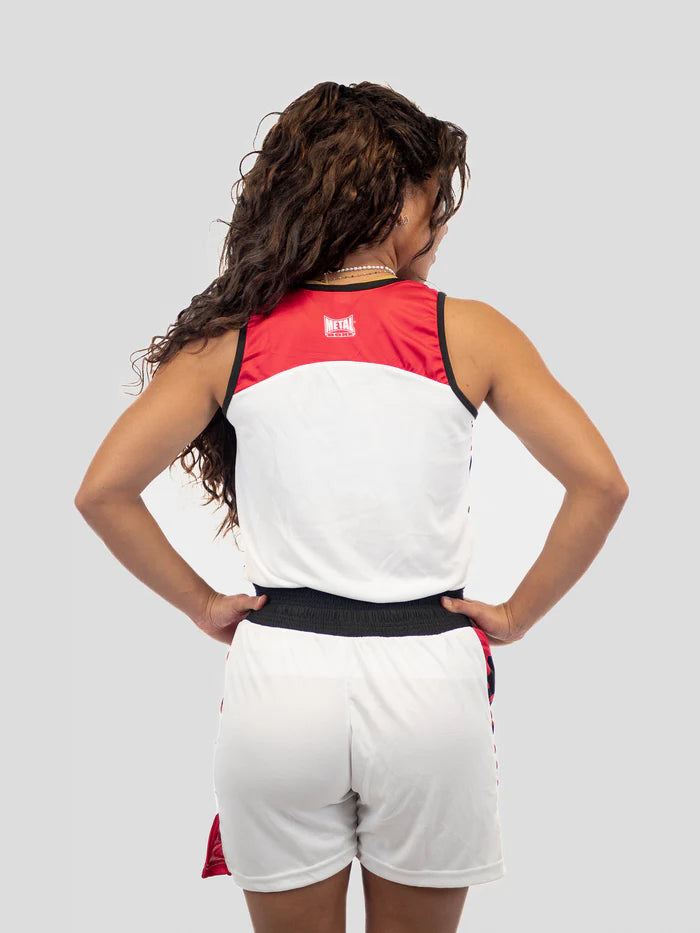 Vista posteriore set pugilato femminile bianco Metal Boxe traspirante