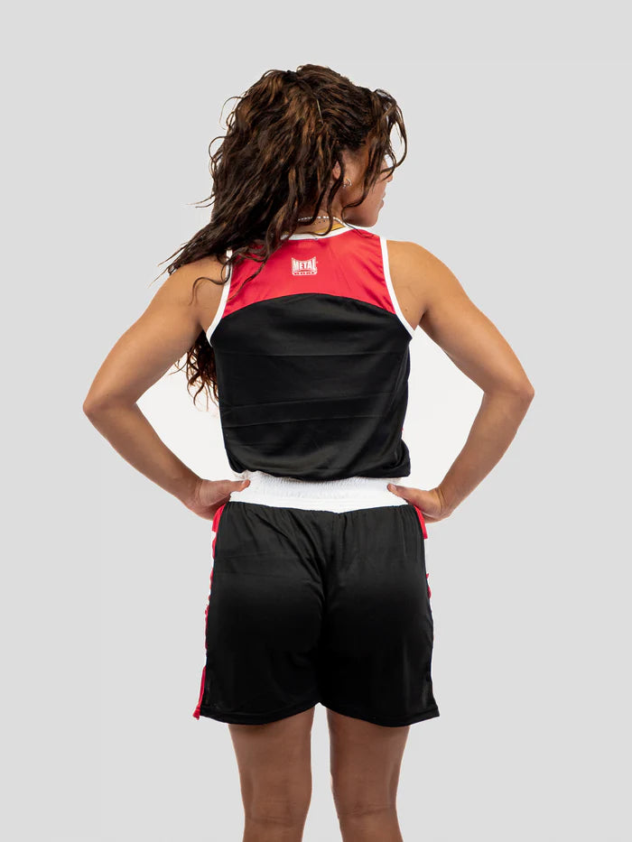 Vista posteriore divisa boxe femminile nero Metal Boxe design professionale