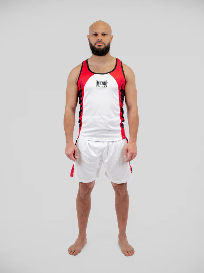Vista frontale completa divisa boxe Metal Boxe bianco per competizione