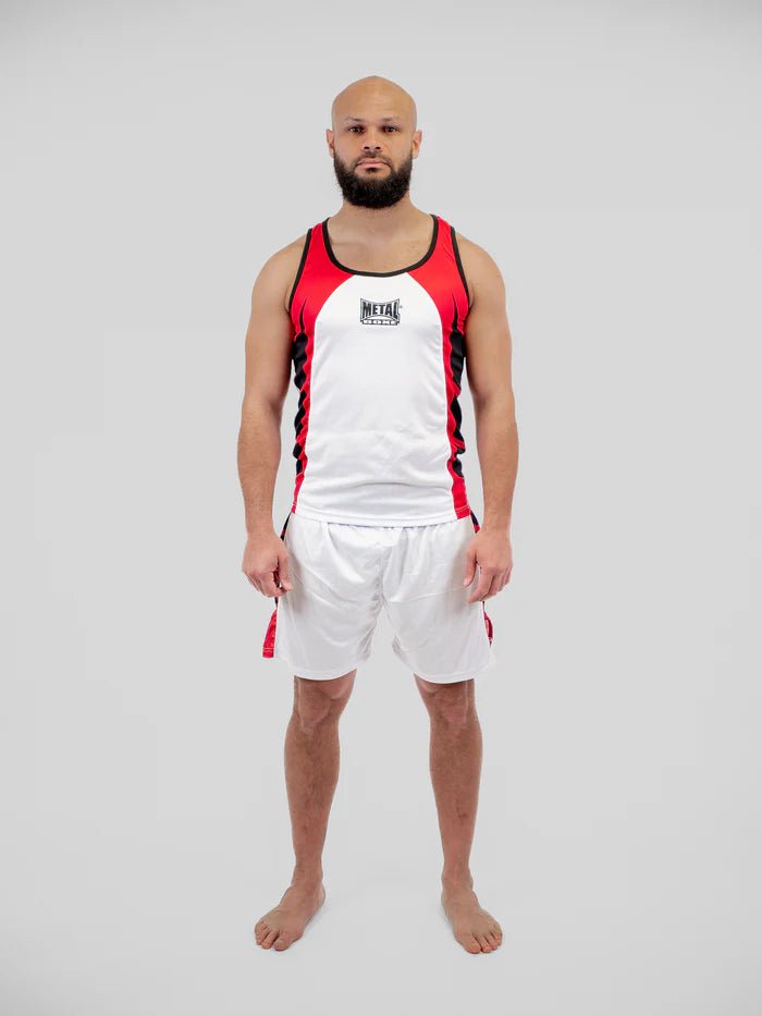 Uniforme de boxe Metal Boxe blanc, vue de face complète, pour la compétition