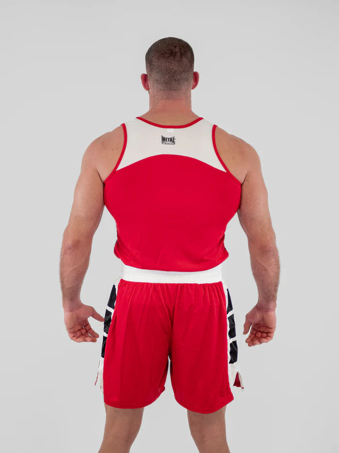 Vista posteriore divisa pugilato Metal Boxe rosso satin tecnico