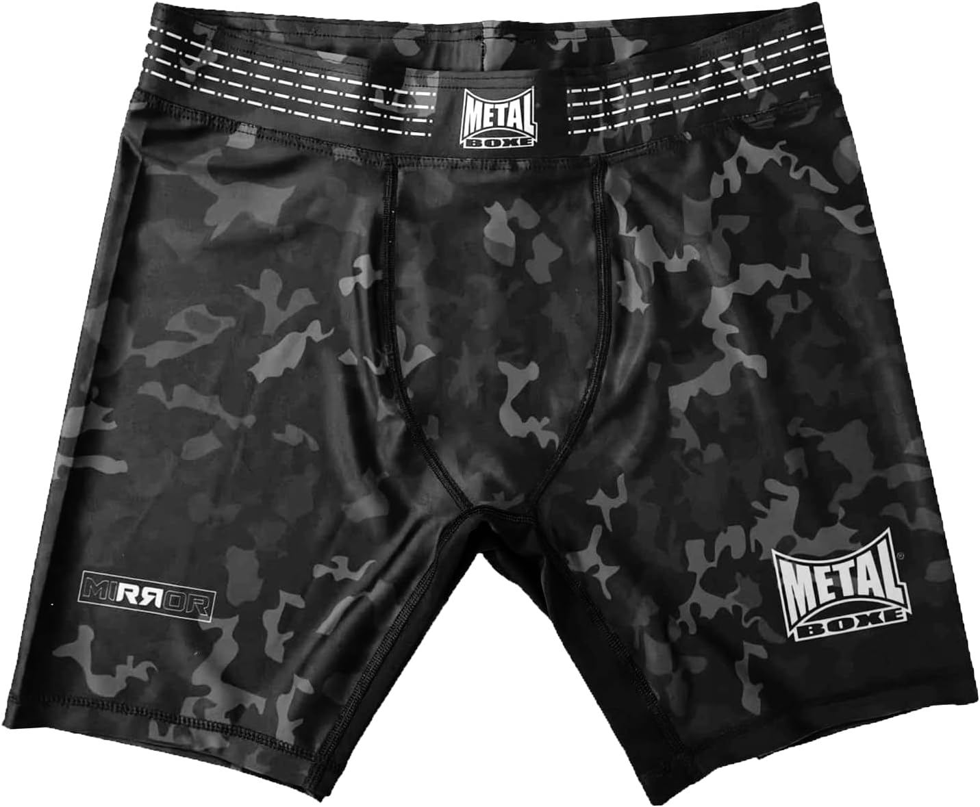 Vista frontale principale short di compressione Metal Boxe Mirror nero lucido effetto specchio