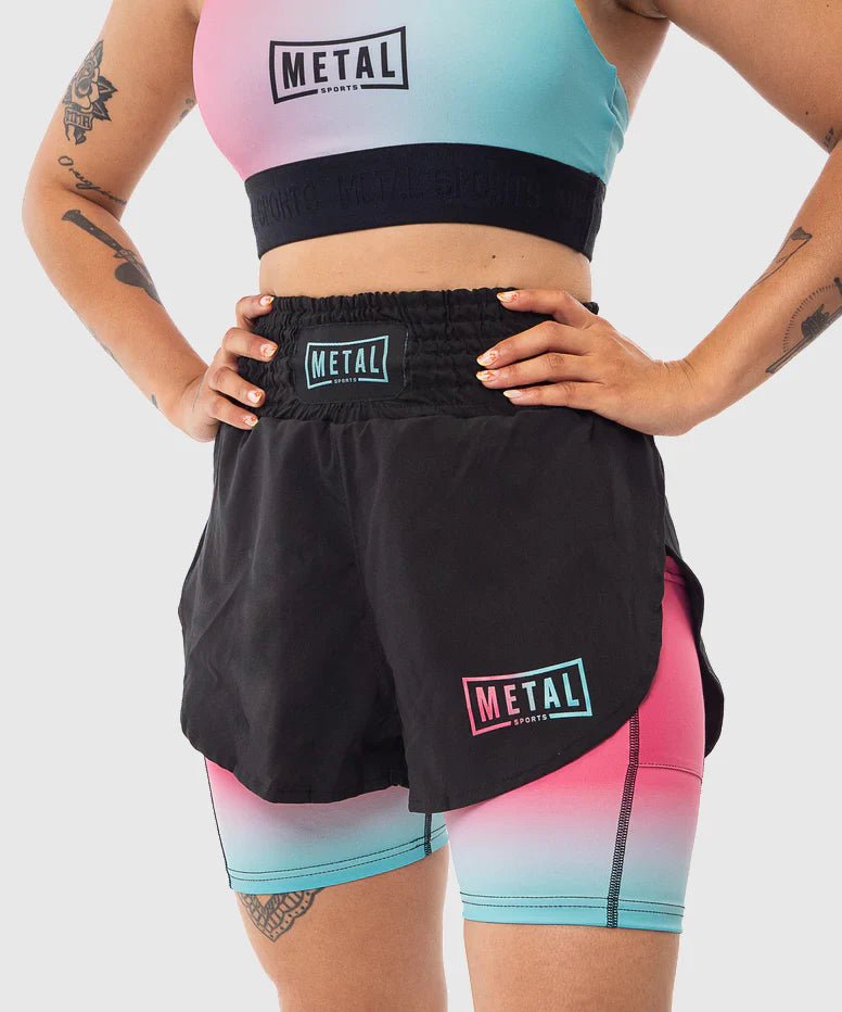Pantaloni scurți 2 în 1 Metal Boxing Miami Vibe pentru femei cu compresie integrată pentru MMA și Kick.