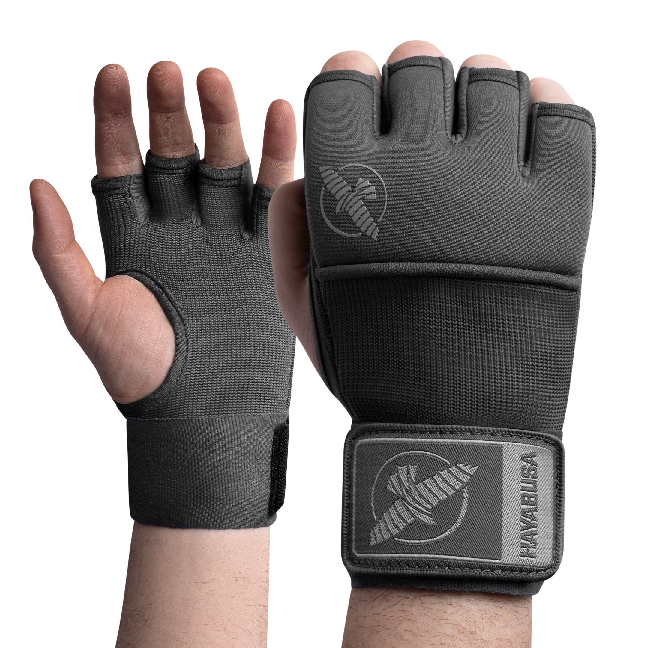 Vista frontale dei sotto-guanti grigi Hayabusa Deluxe Quick Wraps