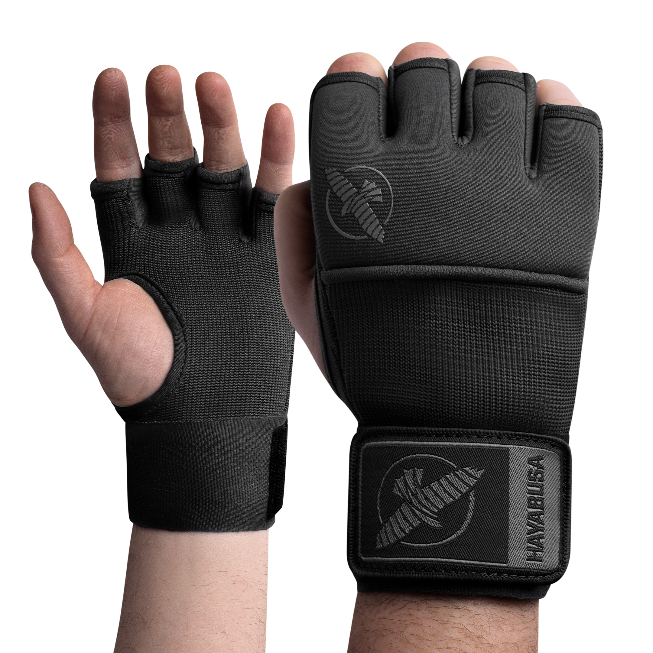 Vista frontale dei sotto-guanti neri Hayabusa Deluxe Quick Wraps professionali