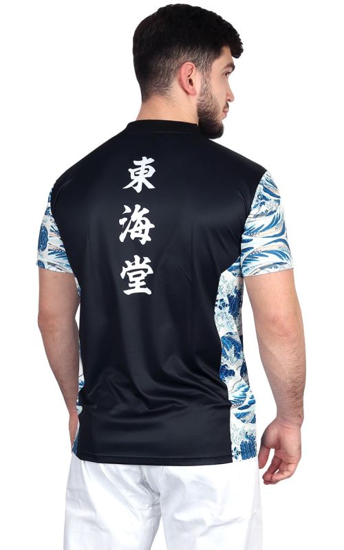 Rear view of the black Tokaido Tsunami functional shirt, regular fit