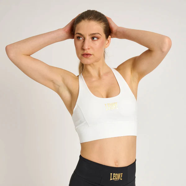 Vista frontale del top sportivo bianco Leone DNA per allenamento intenso