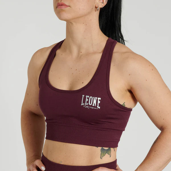Vista frontale del top sportivo color melanzana Leone Logo Seamless