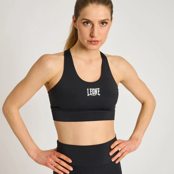 Vista frontale del top sportivo tecnico Leone Stripe 47 colore nero con grafica tricolore