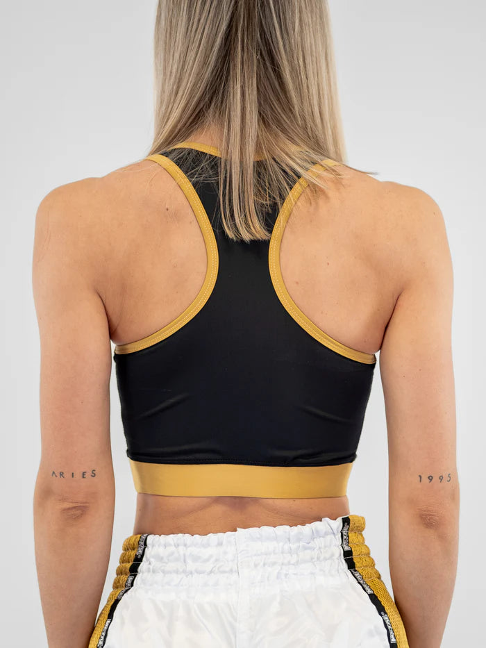 Vista posteriore bra sportivo Metal Boxe nero oro dettaglio incrocio ergonomico