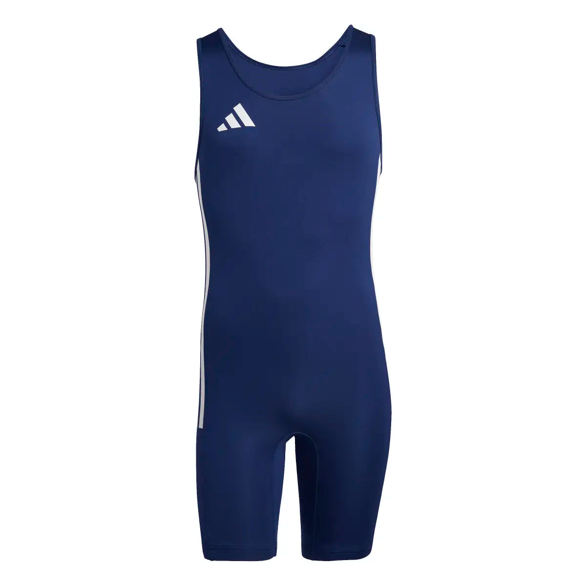 Atleta in posizione di sollevamento con la tuta adidas Powerlift WL Suit blu.
