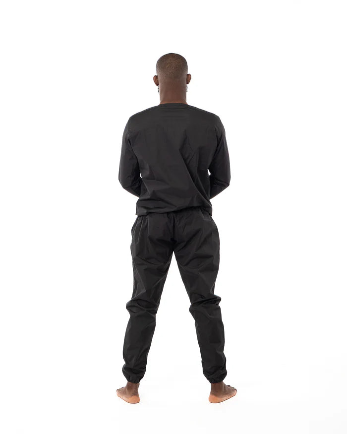 Achteraanzicht van het Metal Boxing saunapak in technisch polyester.