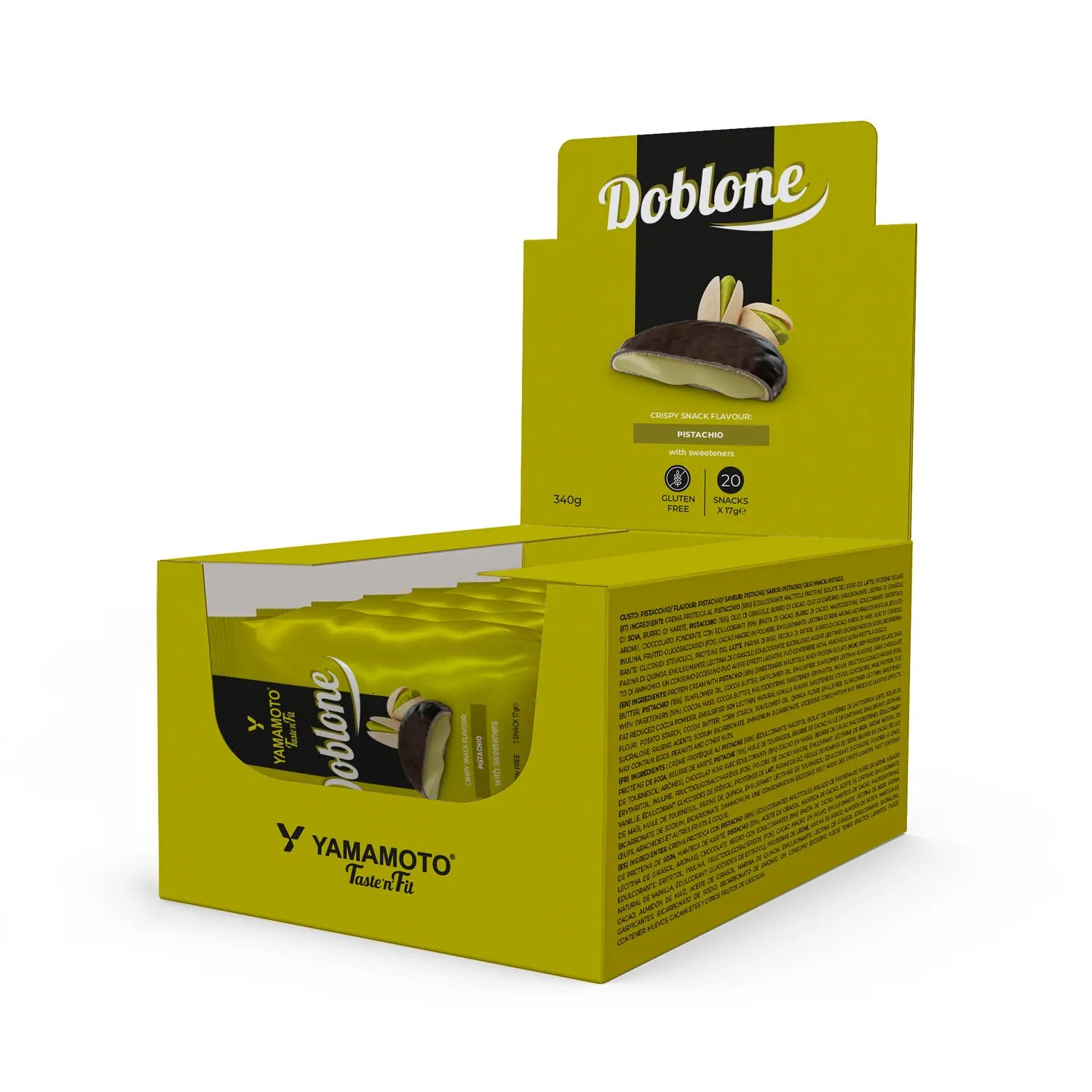 Confezione da 20 biscotti proteici Doblone gusto Pistacchio con copertura di cioccolato fondente
