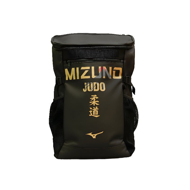 Mizuno Fuji Judo 30 liter black backpack with golden details.