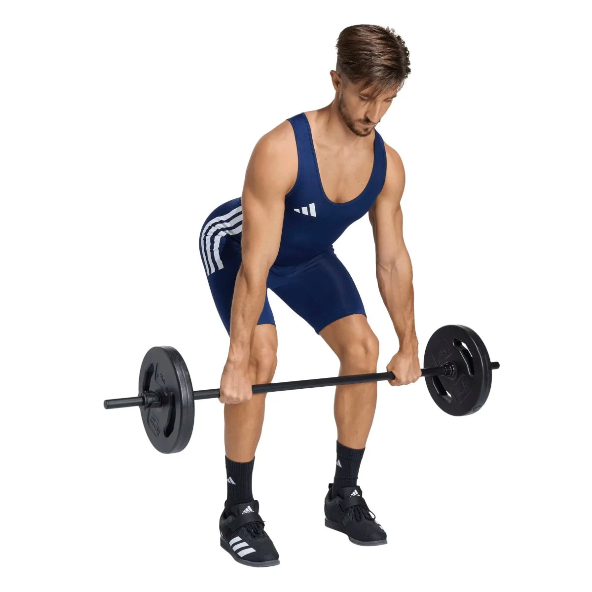 Achterkant van het adidas Powerlift gewichthefpak met ergonomisch ontwerp in blauw.