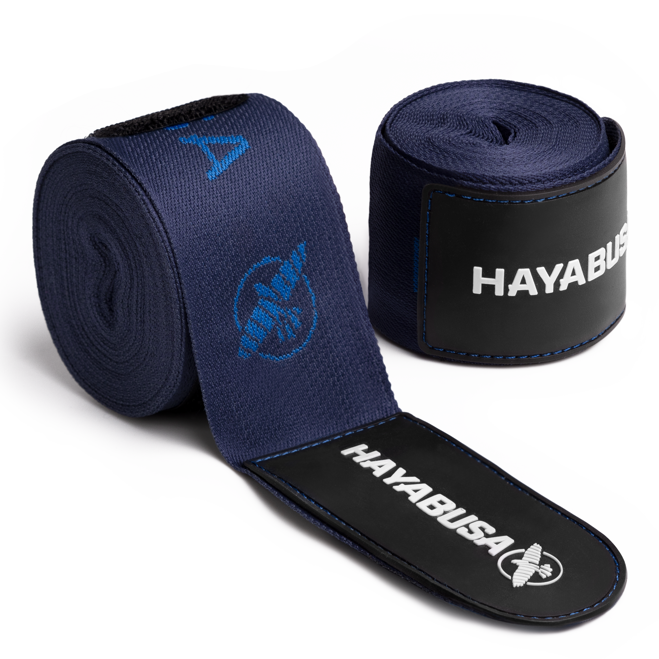Coppia di bende da boxe blu Hayabusa Deluxe arrotolate con logo in evidenza