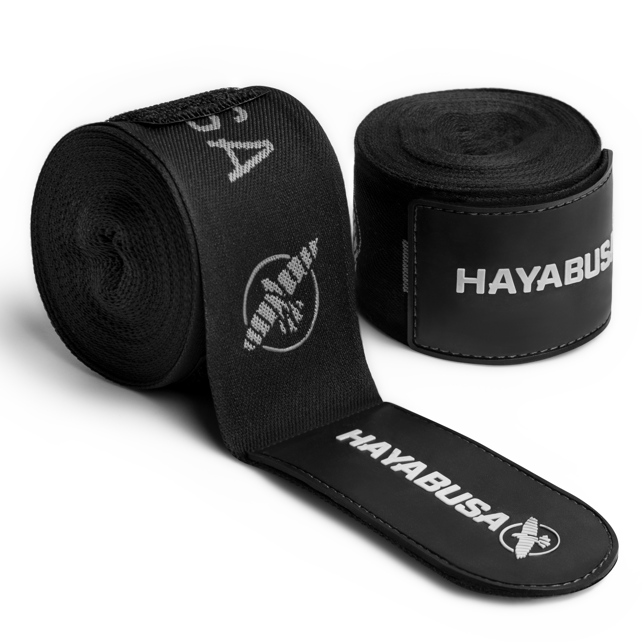 Coppia di bende da boxe Hayabusa Deluxe nere arrotolate con chiusura in gomma rinforzata