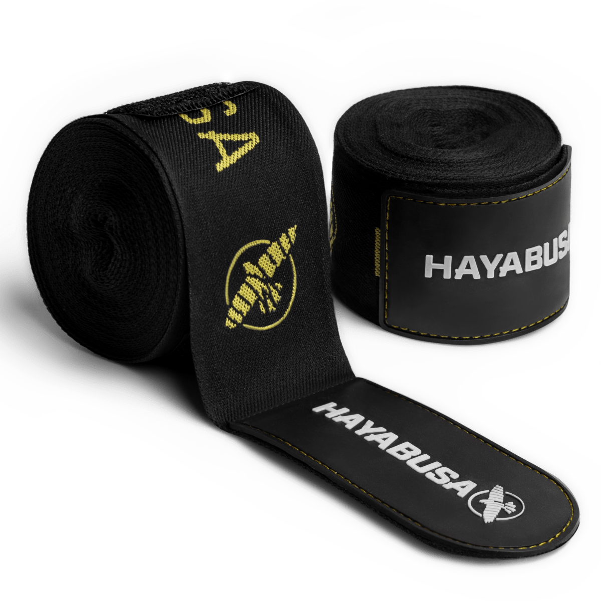 Paar schwarze Hayabusa Deluxe Boxbandagen mit gerollten Golddetails und Logos