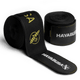 Coppia di bende da boxe Hayabusa Deluxe nere con dettagli e loghi color oro arrotolate