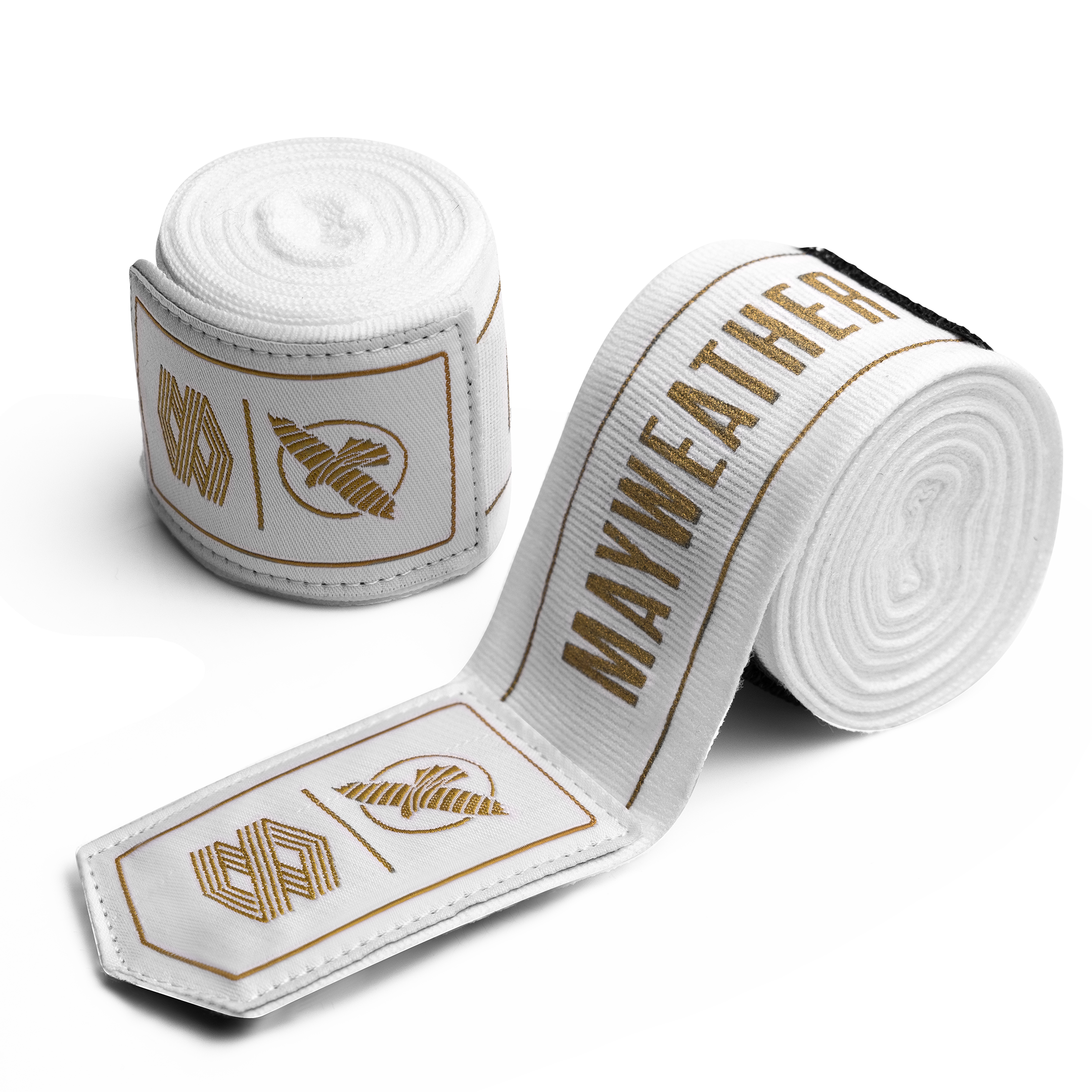 Coppia di bende elasticizzate Mayweather Hayabusa 180 pollici arrotolate, di colore bianco pulito con dettagli e loghi 'MAYWEATHER' e 'TMOB' dorati