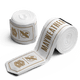 Coppia di bende elasticizzate Mayweather Hayabusa 180 pollici arrotolate, di colore bianco pulito con dettagli e loghi 'MAYWEATHER' e 'TMOB' dorati