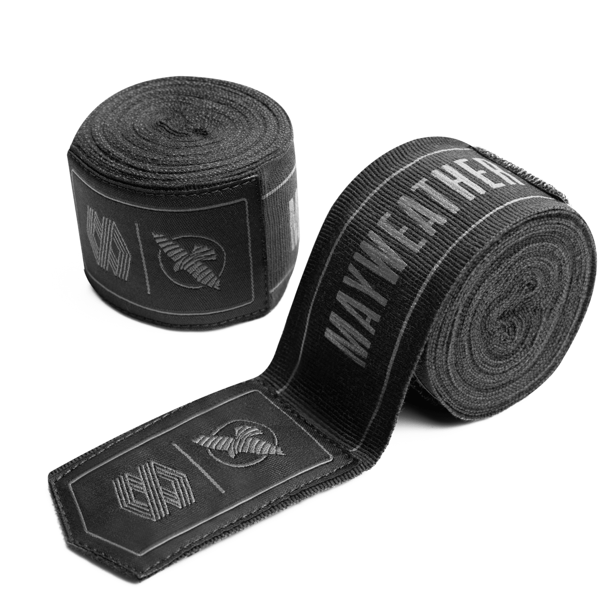 Discuri rulate de Mayweather Hayabusa 180 inch bandaje elastice pentru mâini negre și gri, cu litere gri închis și sigle discrete „MAYWEATHER”