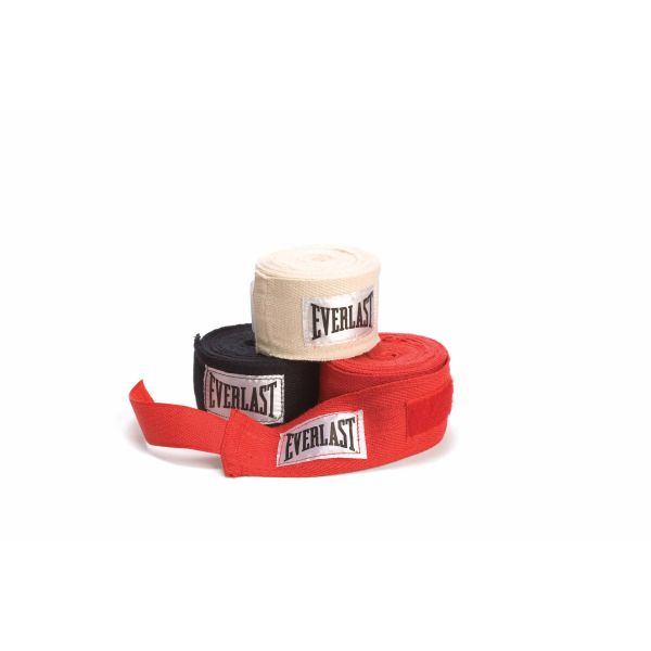 Vista frontale del set da tre paia di bende da boxe Everlast Core nei colori nero, bianco e rosso