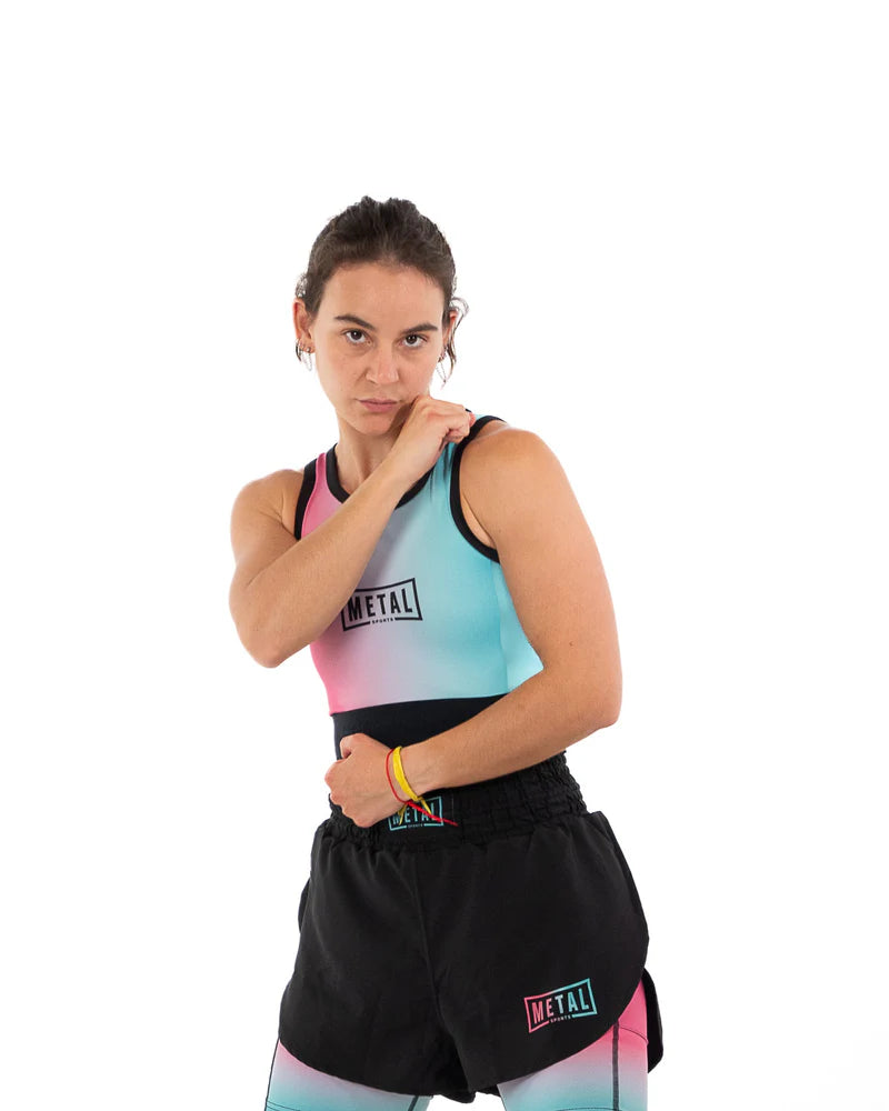 ista frontale della canotta compressiva Metal Boxe Donna Miami Vibe a copertura completa di pancia e petto