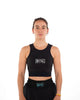 Vista frontale della canotta compressiva Metal Boxe Donna nera a copertura completa di pancia e petto