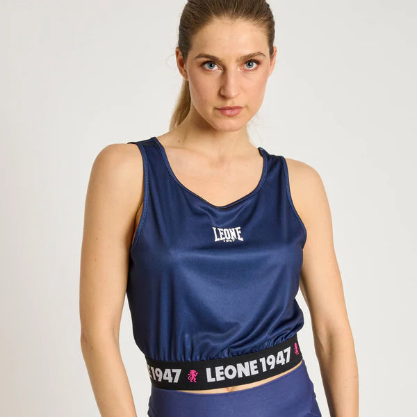 Canotta cropped blu donna LEONE Stripe '47 con grafica sportiva originale