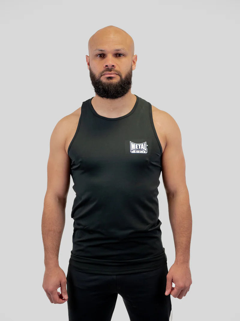 Vista frontale della canotta tecnica Metal Boxe BF nera in Lycra per Boxe Francese