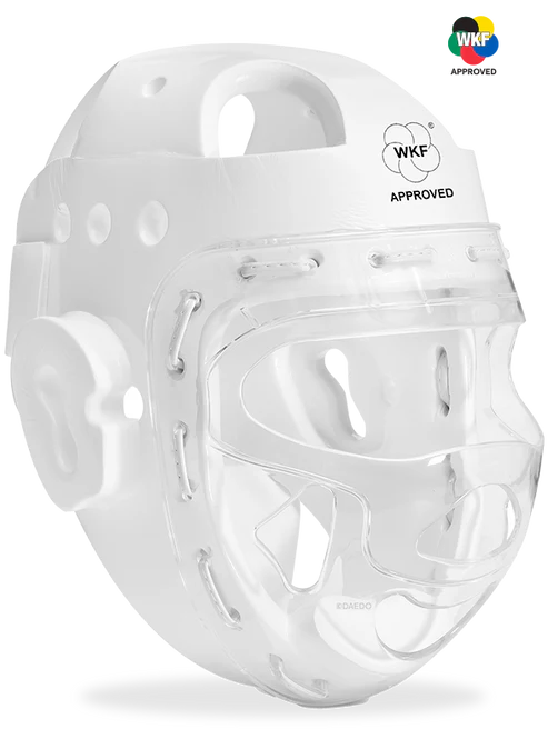 Caschetto Karate Daedo omologato WKF con visiera trasparente per categoria Under 14 vista frontale.