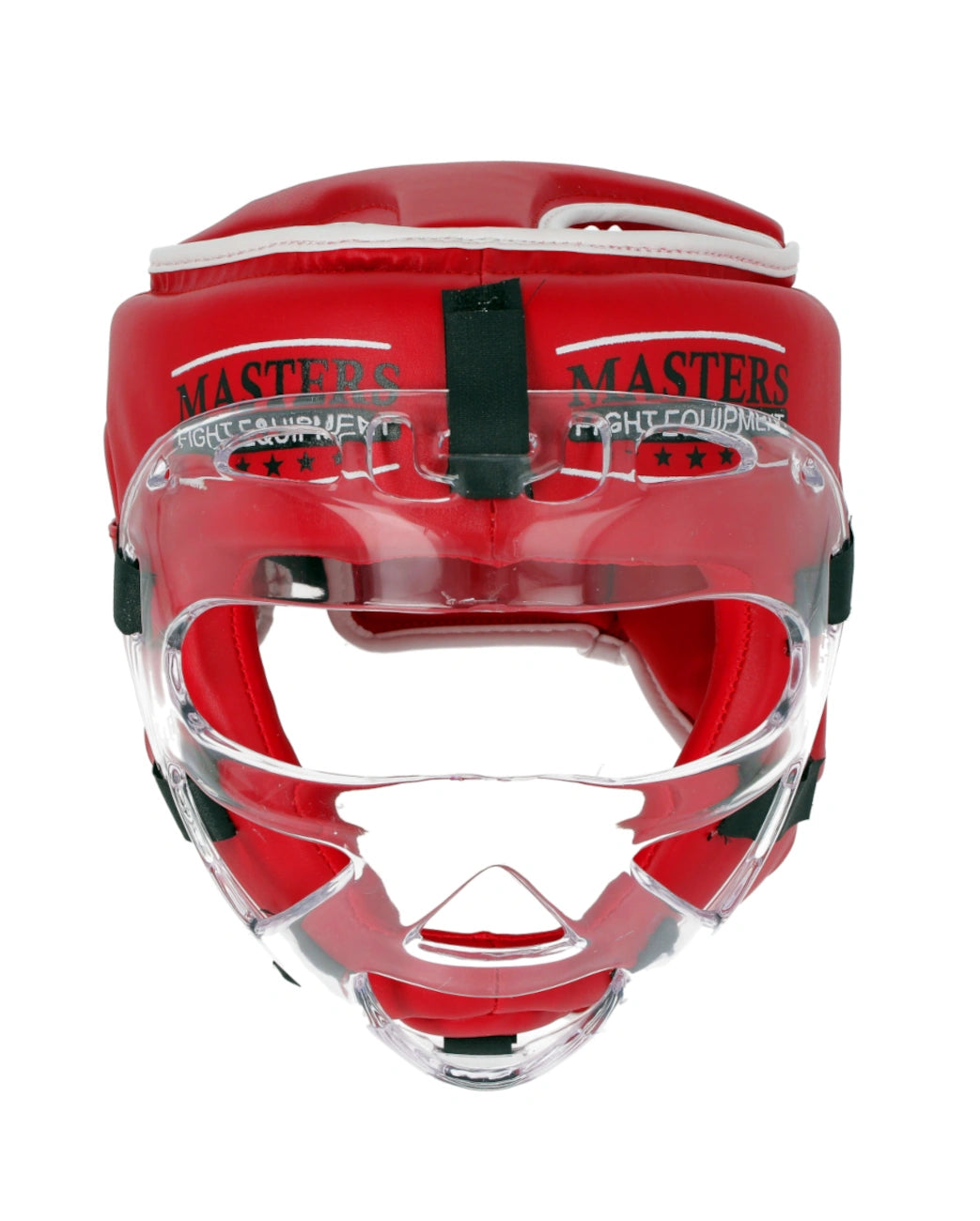 Vista frontale del casco da kick boxing WAKO rosso con visiera protettiva trasparente