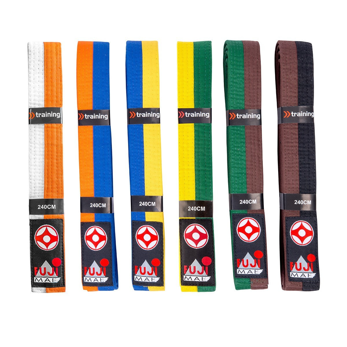 Assortimento di cinture bicolore Kyokushin per adulti e bambini in diverse misure