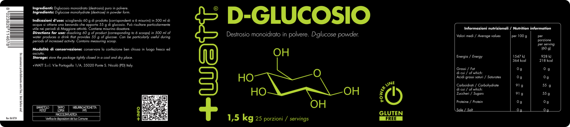 Primo piano dell'etichetta nutrizionale del D-Glucosio, dettaglio carboidrati e zuccheri