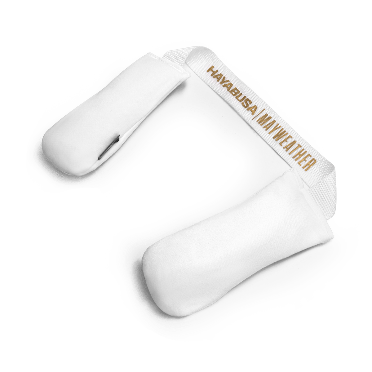Par de desodorantes para guantes de boxeo Mayweather blancos con logotipos dorados, vista frontal