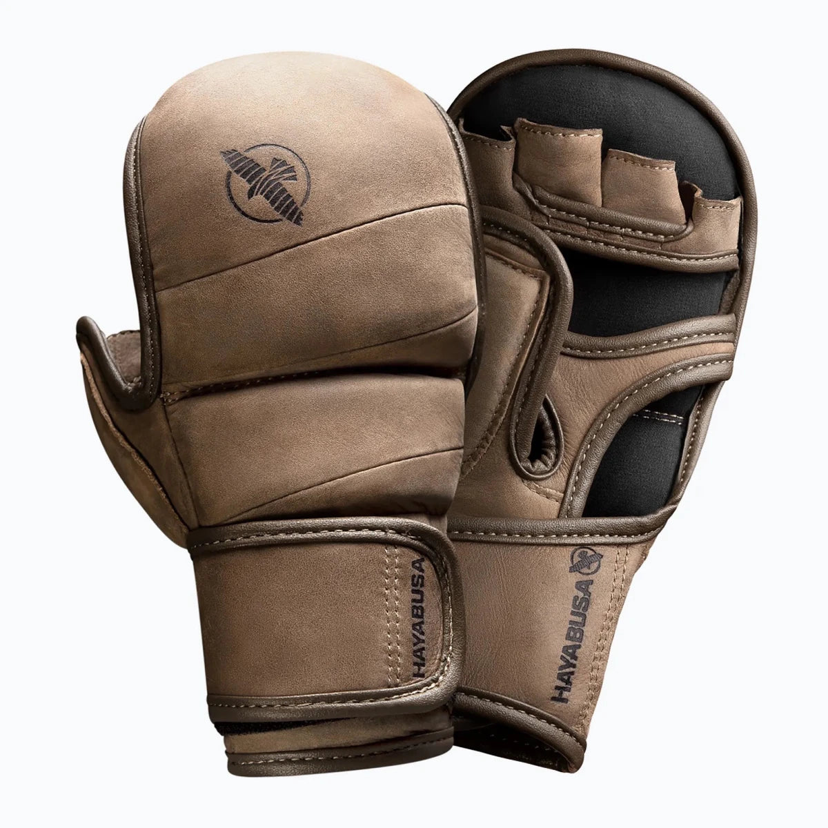 Mănuși MMA Hayabusa T3 LX Hybrid 7oz din piele naturală maro premium.
