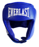 Casco da pugilato Everlast Amateur Competition Headgear in pelle blu con logo Everlast bianco sulla fronte e cinturini di protezione auricolare.