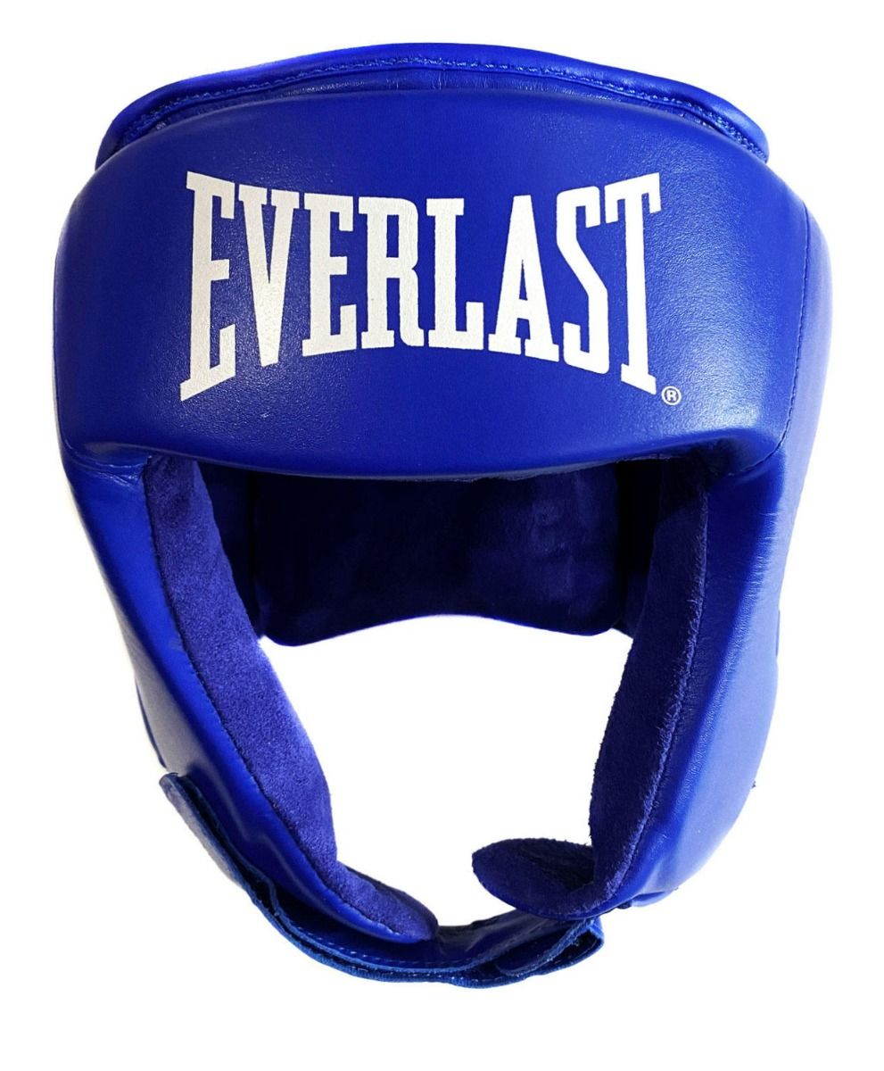 Casco da pugilato Everlast Amateur Competition Headgear in pelle blu con logo Everlast bianco sulla fronte e cinturini di protezione auricolare.