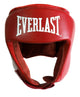 Casco da pugilato Everlast Amateur Competition Headgear in pelle rossa con logo Everlast bianco sulla fronte e cinturini di protezione auricolare.