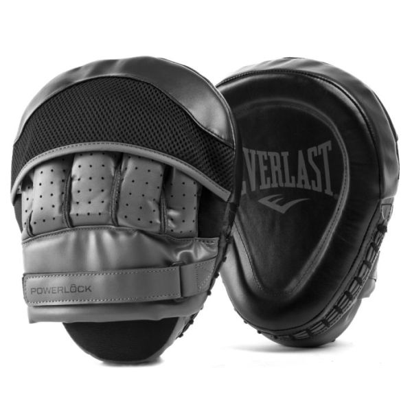 Coppia di colpitori da passata Everlast Powerlock R Focus Mitts in pelle sintetica con design curvo e logo Everlast bianco in evidenza.